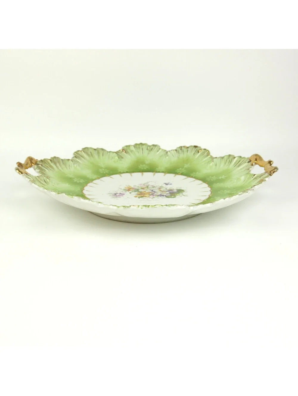 Antique German Porcelain Serving Platter Green Leaf Victorian Flower Gold Handle